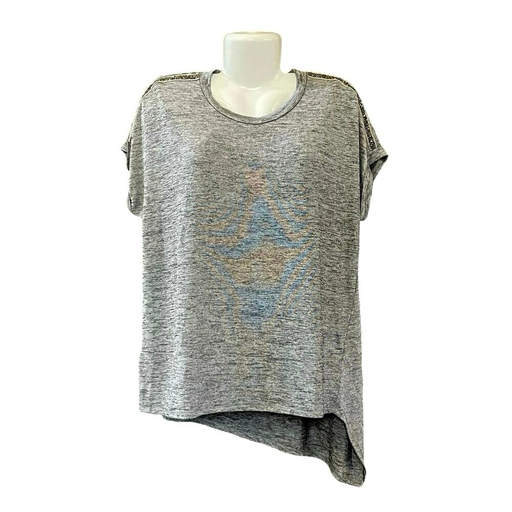Democracy Women's Marled Gray Asymmetrical Hem Beaded Shoulder Blouse SZ L